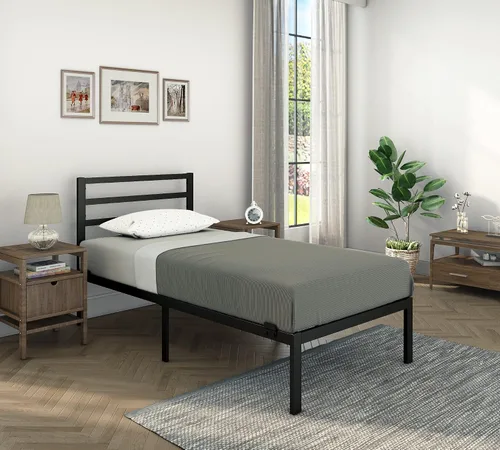 Vista 3 de Golden Gate - Base de cama de metal con cabecero, listones de acero resistente, no requiere somier, sin ruido, fácil montaje, diseño minimalista