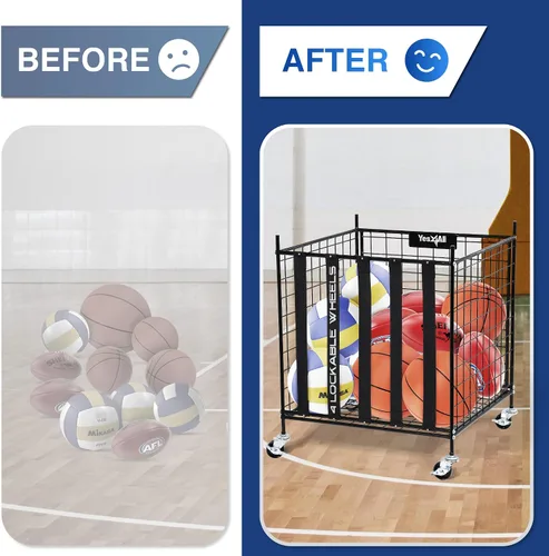Vista 6 de YES4ALL Carrito de almacenamiento de bolas rodantes con ruedas bloqueables, soporte de baloncesto de voleibol, cubo de pelotas de juguete, jaula