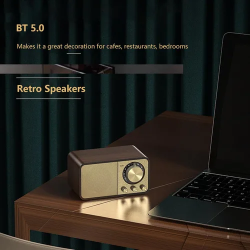 Vista 3 de Altavoz BT de madera retro vintage, radio AM FM portátil recargable con reproducción AUX/USB/TF, radio retro recargable para cafeterías