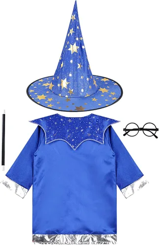 Vista 4 de renvena Disfraz de mago de Halloween para niños y niñas, conjunto de bata y sombrero de brujas