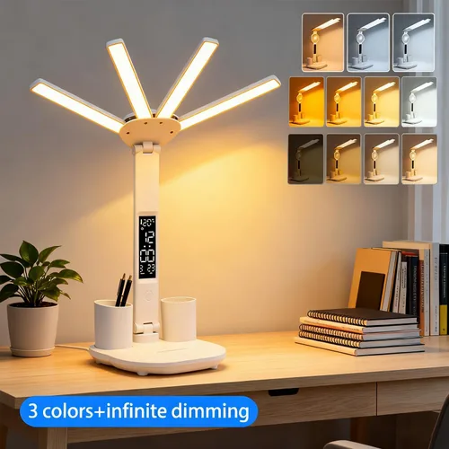 Vista 3 de Lámpara de escritorio LED con reloj, lámpara de estudio plegable, 3 modos de iluminación, lámpara de mesa regulable para cuidado de los ojos