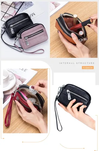 Vista 6 de Cartera de cuero genuino con correa para la muñeca, Negro