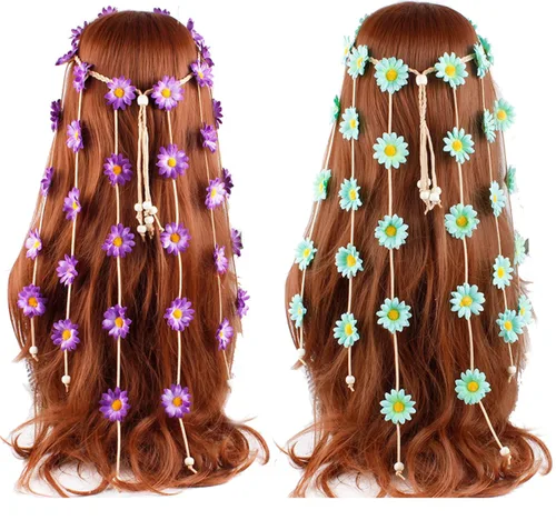Vista 4 de 2 diademas bohemias de girasol, diademas de plumas bohemias, tocado indio, bandas de pelo de pavo real, diadema gitana, corona floral, girasoles