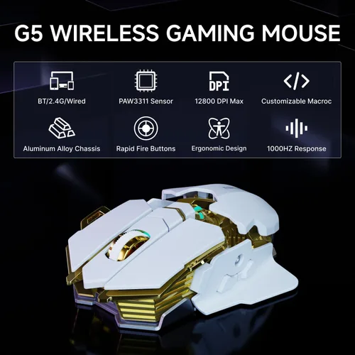 Vista 2 de EWEADN G5 - Mouse inalámbrico para juegos, 12800 DPI RGB ajustable con 6 modos retroiluminados, llave de fuego rápido, 9 botones macro programables