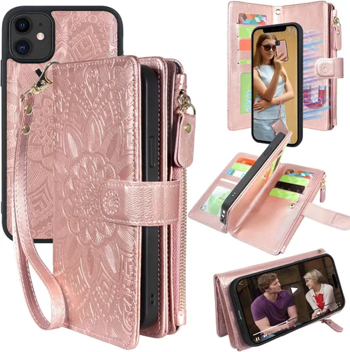 Vista 9 de Harryshell Cartera de cuero con cremallera magnética desmontable con bolsillo para efectivo con ranuras para tarjetas, correa de muñeca para iPhone