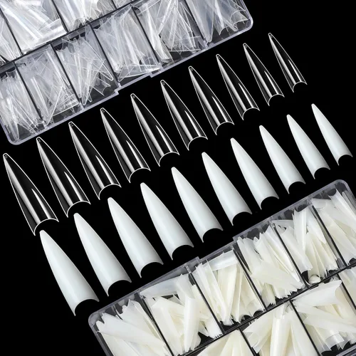Vista 9 de FEBSNOW 1000 piezas de puntas de uñas acrílicas francesas tipo ataúd/bailarina, uñas artificiales de cobertura media, 10 tamaños, con estuches