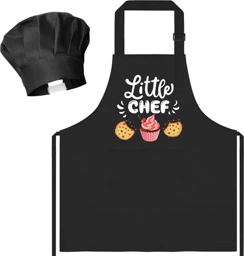 Vista 39 de R HORSE Juego de delantal y sombrero de chef para niños, 2 piezas, mini parrilla ajustable, delantal de cocina para niños, juego de rol, juguete