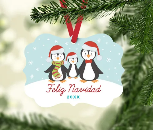 Vista 2 de Andaz Press Adorno de recuerdo de Navidad con marco de fantasía para la familia española, metal, feliz Navidad 2025, familia de pingüinos de Merry