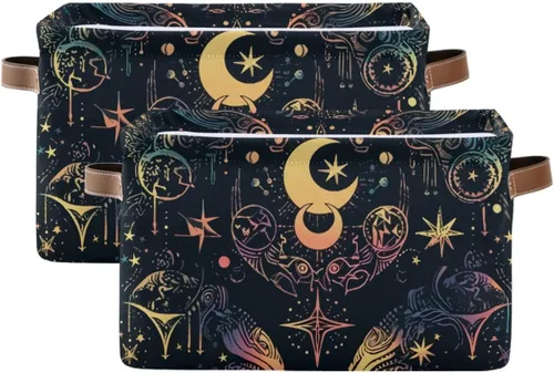 Vista 2 de Cesta de almacenamiento, astrología mística, símbolo oculto alrededor de la luna, lona duradera, plegable, caja de juguetes, contenedor organizador