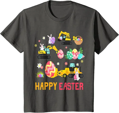 Vista 29 de Kids Happy Easter Construction Crane Truck Boys Toddler T-Shirt Negro