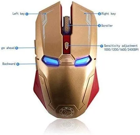 Vista 2 de Ratón inalámbrico 2.4G portátil óptico Iron Man Mouse con nano receptor USB, 3 niveles de DPI ajustables, 6 botones para laptop, computadora