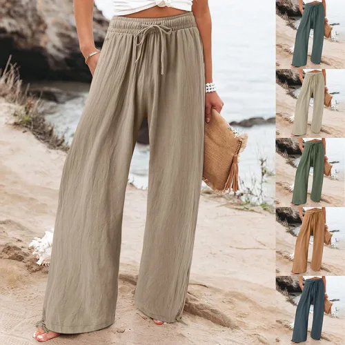 Vista 2 de Pantalones de lino para mujer, de verano, de cintura alta, pierna ancha, casuales, cintura elástica, pantalones palazzo, pantalones de playa