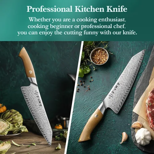 Vista 9 de Cuchillo de chef de Damasco, 8.5 pulgadas, 67 capas de acero de damasco, cuchillo de cocina japonés profesional para chefs y cocina casera, hoja