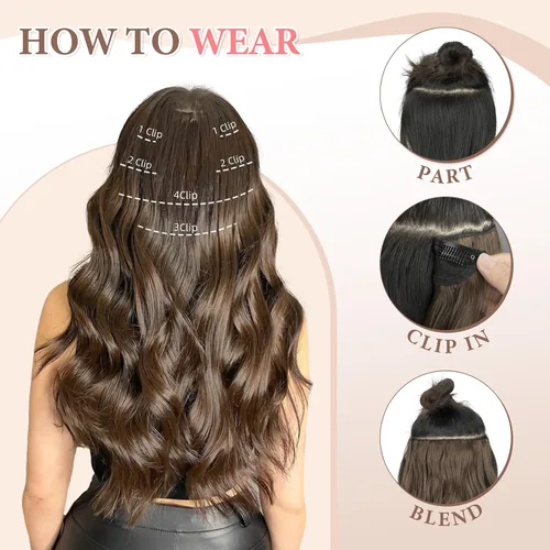 Vista 4 de Fliace Extensiones de cabello con clip para mujer, extensiones de cabello ondulado largo de color marrón medio, extensiones de cabello sintético
