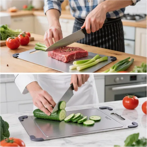 Vista 8 de Tabla de cortar de acero inoxidable, tabla de cortar de acero apto para alimentos de doble cara para cocina con 2 raspadores de limpieza, tabla