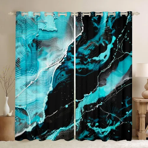 Vista 12 de Feelyou Cortinas abstractas para dormitorio, sala de estar, cortinas opacas de oscurecimiento negro y azul, con estampado de mármol, 2 paneles de 38