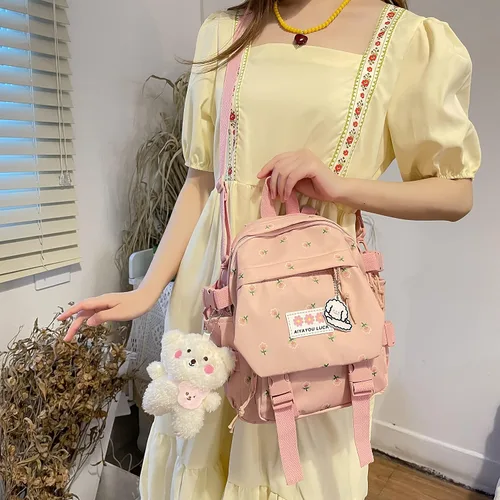 Vista 8 de Mochila estética Kawaii con colgante mini mochila para niñas, bonita mochila escolar japonesa, mochila con flores, Rosado, S, Kawaii