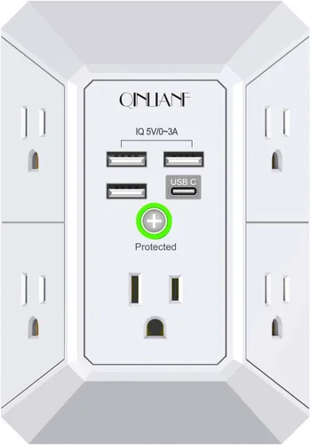 Vista 13 de QINLIANF cargador USB de pared, protector contra sobrecargas, extensor de 5 tomas con 4 puertos de carga USB (4.8 A en total), 3 lados, 1,680 J