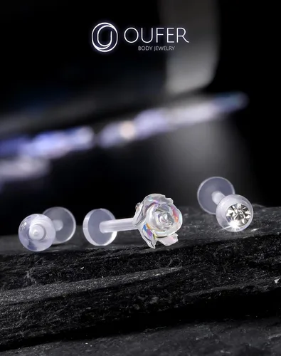 Vista 5 de OUFER 3 piezas de joyería de hélice de plástico para perforación, retenedor de labio transparente para cirugía, lindos anillos de labio con flores