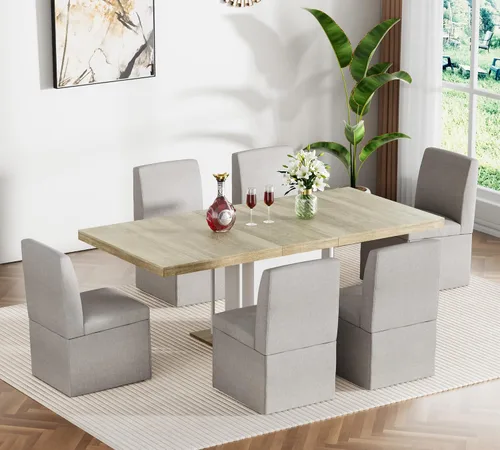 Vista 16 de Juego de mesa de comedor extensible para mesa de cocina extensible de 4, 5 piezas y 4 sillas de almacenamiento ocultas de lino tapizadas de madera