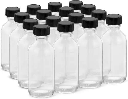 Vista 10 de Botellas de vidrio transparente de 2 onzas con tapas, paquete de 12 Recipiente de vidrio transparente de 2 fl oz, a prueba de fugas