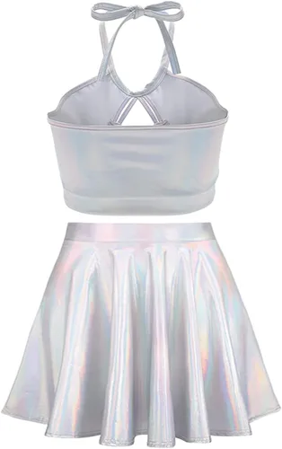 Vista 2 de Conjunto de 2 piezas de ropa para rave para mujer, festivales, parte superior metálica, falda larga, EDM, fiesta, club, holográfico, rave