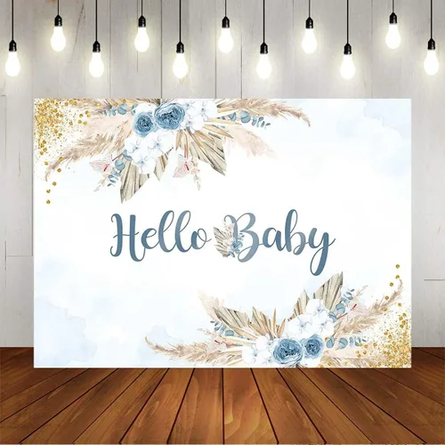 Vista 5 de Mocsicka Telón de fondo bohemio para baby shower para niños, tema de Hello Baby Boho Chic Flores Azules, Fondo de fotografía Bohemio Baby Shower