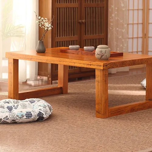 Vista 2 de Mesa de Centro Mesa de centro de madera maciza, mesa de té creativa con ventana panorámica, tatami japonés, mesa baja, balcón, escritorio