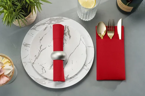 Vista 6 de Paquete de 50 servilletas desechables de lino con bolsillo integrado para cubiertos, color rojo brillante, como servilletas de papel para Navidad