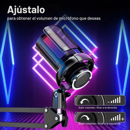 Vista 2 de Micrófono USB para juegos para PC, kit de micrófono de podcast para transmisión, micrófono de condensador con silencio rápido, brazo articulado