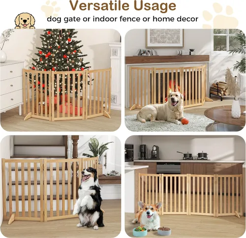 Vista 7 de Puerta independiente para mascotas de 30 pulgadas de altura, valla de seguridad plegable de madera maciza con 2 pies de soporte, ideal para Roble