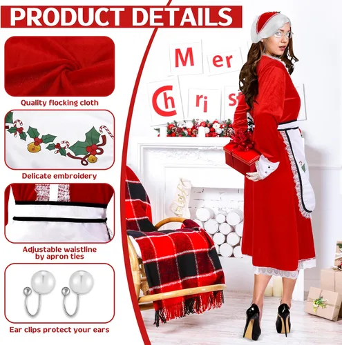 Vista 4 de 10 piezas de disfraz de Sra. Santa para mujer, vestido clásico de Papá Noel, capó, delantal, peluca para adultos, disfraz de Navidad, fiesta