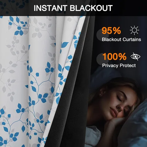 Vista 2 de Cortinas opacas 95% azules de 63 pulgadas de largo para dormitorio, cortina de oscurecimiento de habitación con patrón de hojas para habitación