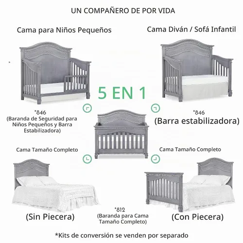 Vista 6 de Evolur Cheyenne - Cuna convertible de panel completo 5 en 1 en gris tormenta, certificado JPMA y Greenguard Gold, hecha de madera dura seca al