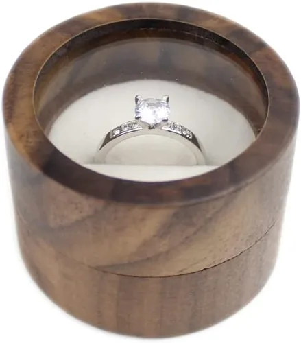 Vista 4 de Caja redonda de madera para propuesta de compromiso caja de anillos de tapa transparente para propuestas caja de compromiso de boda terciopelo blanco