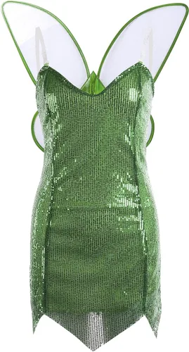 Vista 3 de SOLILOQUY Disfraz de hada Pixie para mujer, bonito vestido verde con ala, disfraz de Halloween, fiesta de cosplay