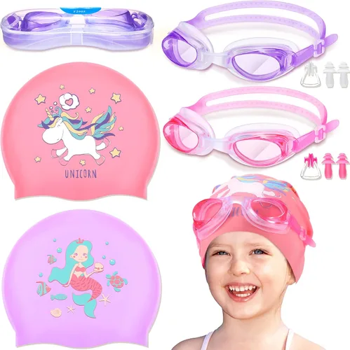 Vista 9 de 8 Pack Kids Swim Caps for Girls, Silicone Swimming Cap for Age 6-14 with Goggles Ear Plug Nose Clip for Children Boys Girls