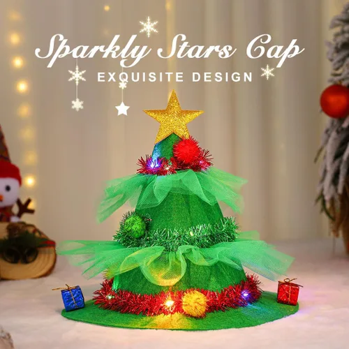 Vista 4 de Nicute Sombrero de árbol de Navidad, diseño de estrellas brillantes, lentejuelas, accesorios para disfraz de festival, decoraciones de Navidad