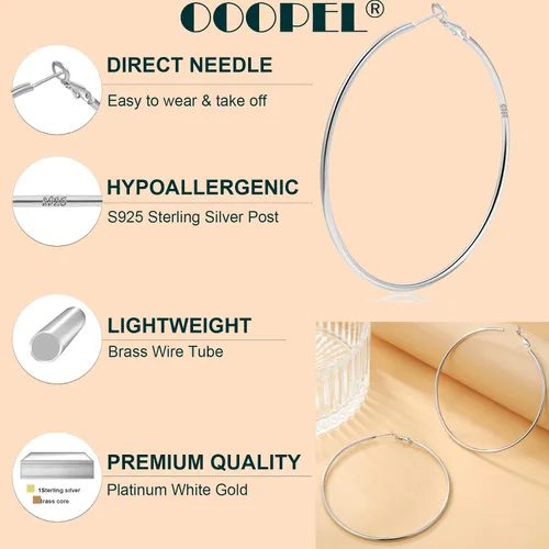 Vista 6 de Aretes de aro grandes de plata de ley de 0.079 pulgadas para mujer, aros de plata grandes hipoalergénicos, sin finos, finos y de gran
