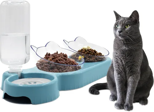 Vista 11 de Cuencos triples para gatos, alimentador de agua 3 en 1 y cuencos de comida con botella de agua automática, aptos para bigotes, platos de Plomo blanco