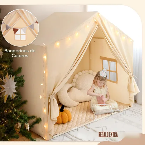 Vista 4 de Razee - Tienda de campaña para niños con alfombrilla acolchada, tienda de campaña para interiores para niños pequeños Large Kids Tent Indoor Beige