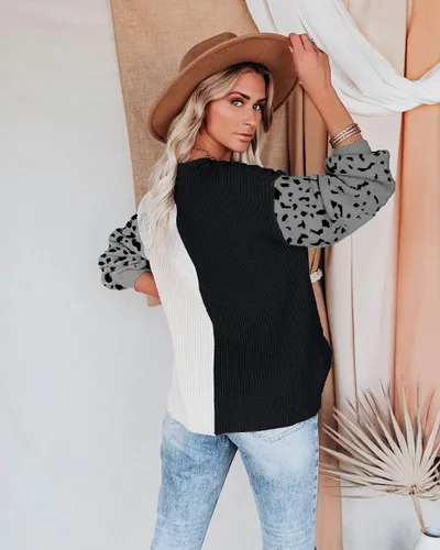 Vista 2 de ANCAPELION - Suéter de manga larga con cuello en V para mujer, diseño de leopardo, básico, bloque de colores, informal, de punto