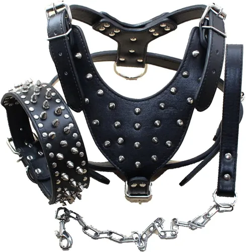 Vista 5 de Arnés para perro con tachuelas de cuero de raza, collar y correas, juego de 3 piezas para perros medianos y grandes, mastín, boxer, bull terrier