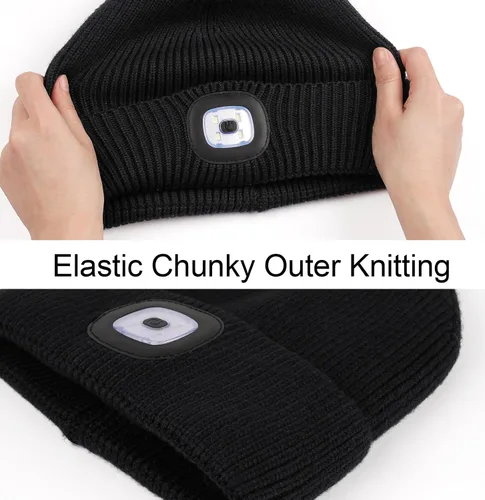 Vista 3 de MELASA Gorro de invierno con forro polar LED, recargable por USB, gorro cálido con luz integrada, regalos para hombres, papá, esposo, él