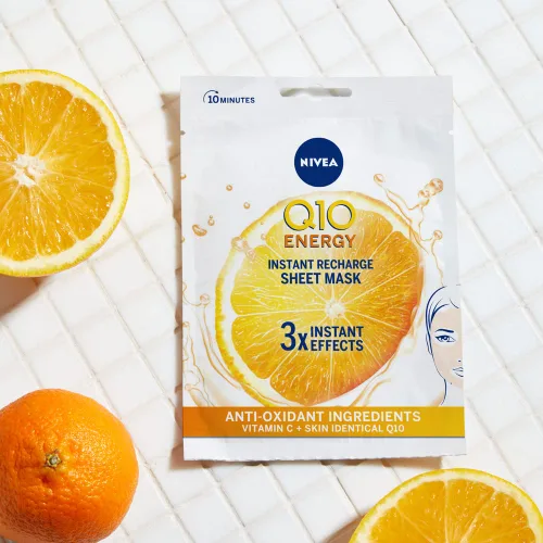 Vista 4 de NIVEA Q10 + C Power - Máscara antiarrugas + hoja energética (1 pieza), máscara hidratante antienvejecimiento con vitamina C, máscara facial