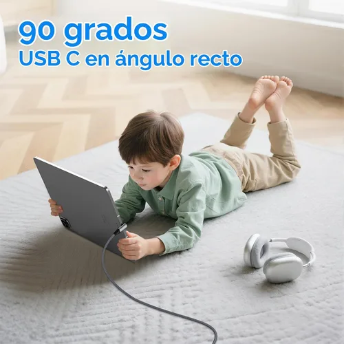 Vista 6 de Cable USB C de 90 grados de 1 pie, cable de datos corto USBC a USBC 3.2 Gris