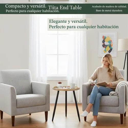 Vista 6 de Tiita Mesa auxiliar redonda mental, mesita de noche, mesas pequeñas de madera, mesa de centro con bandeja de madera para sala de estar, dormitorio