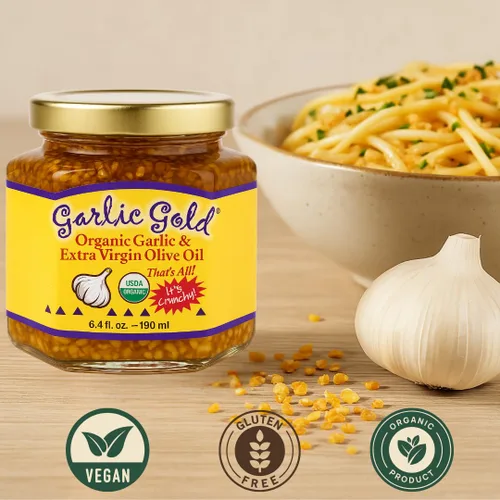 Vista 3 de Garlic Gold Gránulos de ajo tostado orgánico en aceite de oliva virgen extra, ajo crujiente en aceite de oliva, tarro de vidrio de 6.4 oz