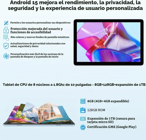 Vista 4 de Tablet Android 15, tabletas 2 en 1 de 10 pulgadas con funda para teclado y lápiz capacitivo, procesador Octa-Core de 128 GB, Wi-Fi 6 5G, pantalla HD