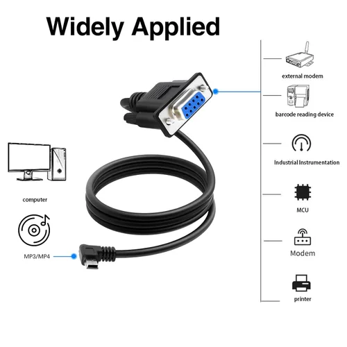 Vista 7 de Adaptador mini USB a serie RS232, giro a la derecha, mini USB de 5 pines macho a DB9 pin hembra, cable convertidor para varios dispositivos serie